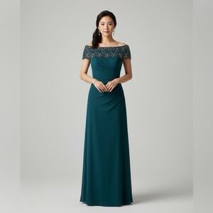 XSCAPE Off-Shoulder Emerald Beaded Gown | Size 10 | Formal Maxi Dress